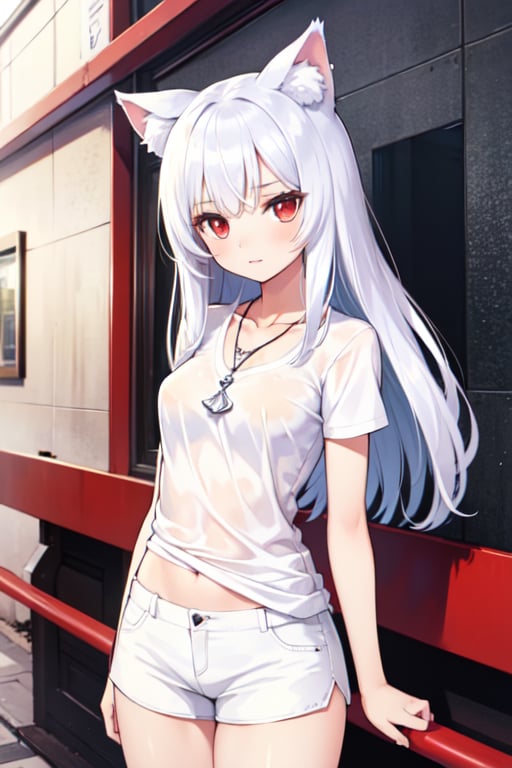 Anime girl (full and natural body, perfect, detailed) long white hair, red eyes,Cat ears, wolf necklace, white shirt, white shorts, medium breasts, (wallpaper, high quality) (on the street)