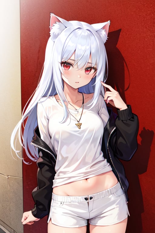 Anime girl (full and natural body, perfect, detailed) long white hair, red eyes,Cat ears, wolf necklace, white shirt, white shorts, medium breasts, (wallpaper, high quality) (on the street)