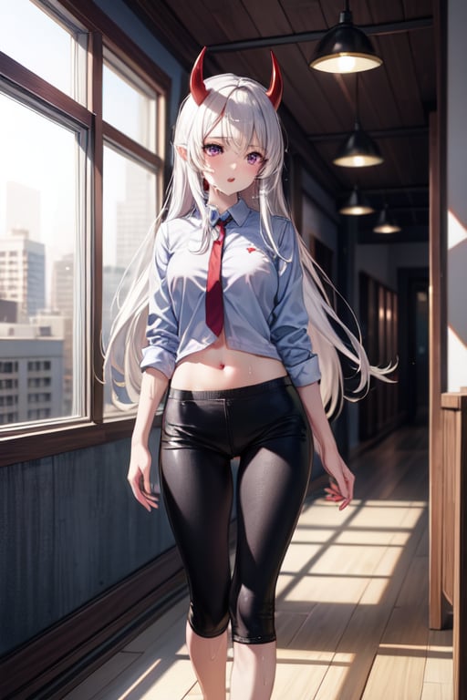 Anime girl, full and natural body, hyper realistic, detailed in a house, Ultra quality image (long white hair with red horns, purple eyes, white and blue shirt, which You can see the navel tattoo on the red navel, blue flip flops,short and tight black pants, in a city running and sweating 