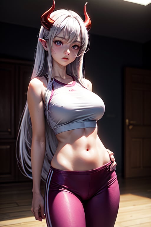 Anime and realistic girl (full and natural body, hyper realistic, detailed, pretty face, purple eyes, with gym clothes, long white hair, with red horns, demon girl, cinematographic lighting,alone, in a room 