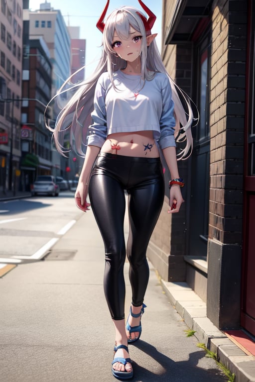 Anime girl, full and natural body, hyper realistic, detailed in a house, Ultra quality image (long white hair with red horns, purple eyes, white and blue shirt, which You can see the navel tattoo on the red navel, blue flip flops,short and tight black pants, in a city running and sweating 