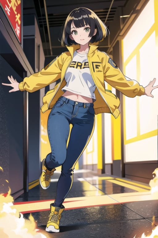 Anime girl, short hair, yellow jacket, yellow pants, Kelly, free fire