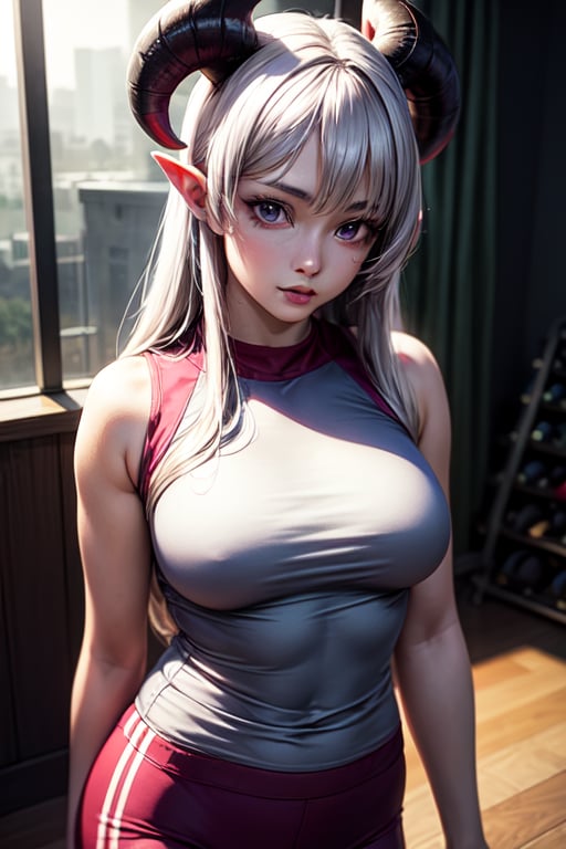 Anime and realistic girl (full and natural body, hyper realistic, detailed, pretty face, purple eyes, with gym clothes, long white hair, with red horns, demon girl, cinematographic lighting,alone, in a room 