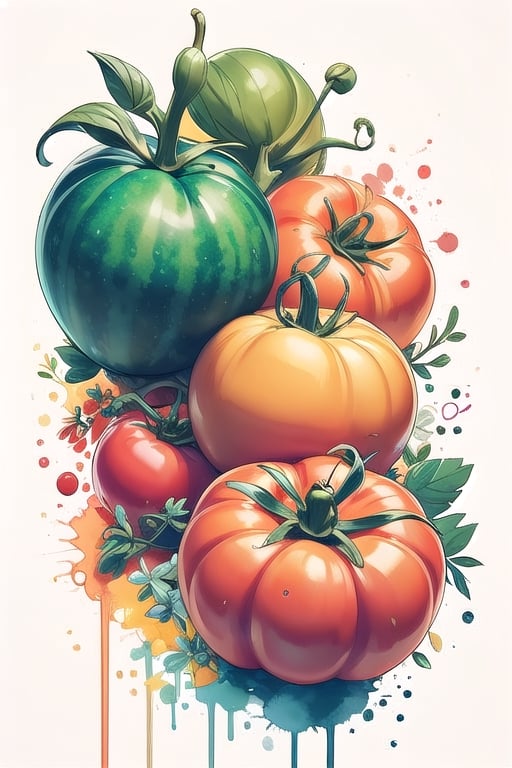 tomato, kitchen,
 colorful, white background,Chromaspots