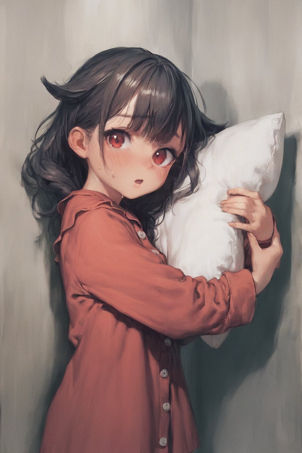 score_9,score_8_up,score_7_up,ClrSkt,
1girl, :o, black hair, blush, brown hair, buttons, embarrassed, frills, hair flaps, head tilt, holding, holding pillow, indoors, long sleeves, looking at viewer, open mouth, pajamas, pillow, red eyes, red pajamas, solo, standing, sweat, sweatdrop, wall