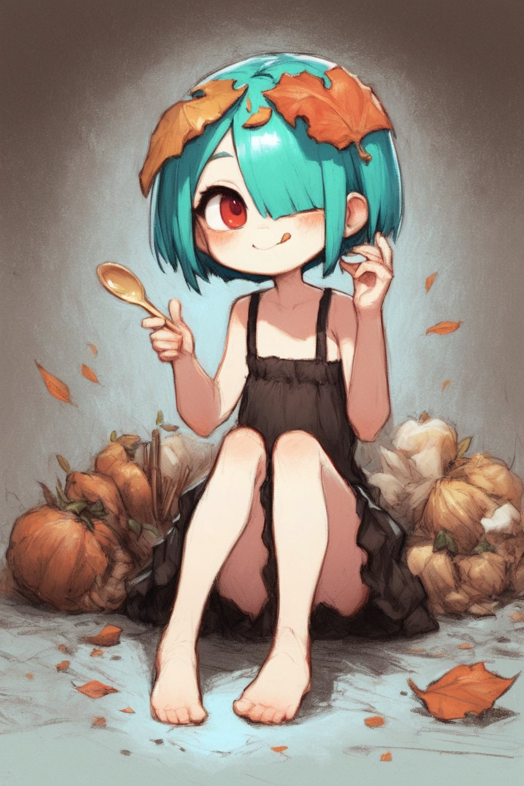 score_9,score_8_up,score_7_up,ClrSkt, 1girl, aqua hair, blush, bob cut, closed mouth, flat chest, food, full body, hair over one eye, hands up, happy, holding, holding spoon, ice cream, leaf, looking at viewer, mint, object on head, one eye covered, red eyes, short hair, sitting, smile, solo, spoon, tongue, tongue out