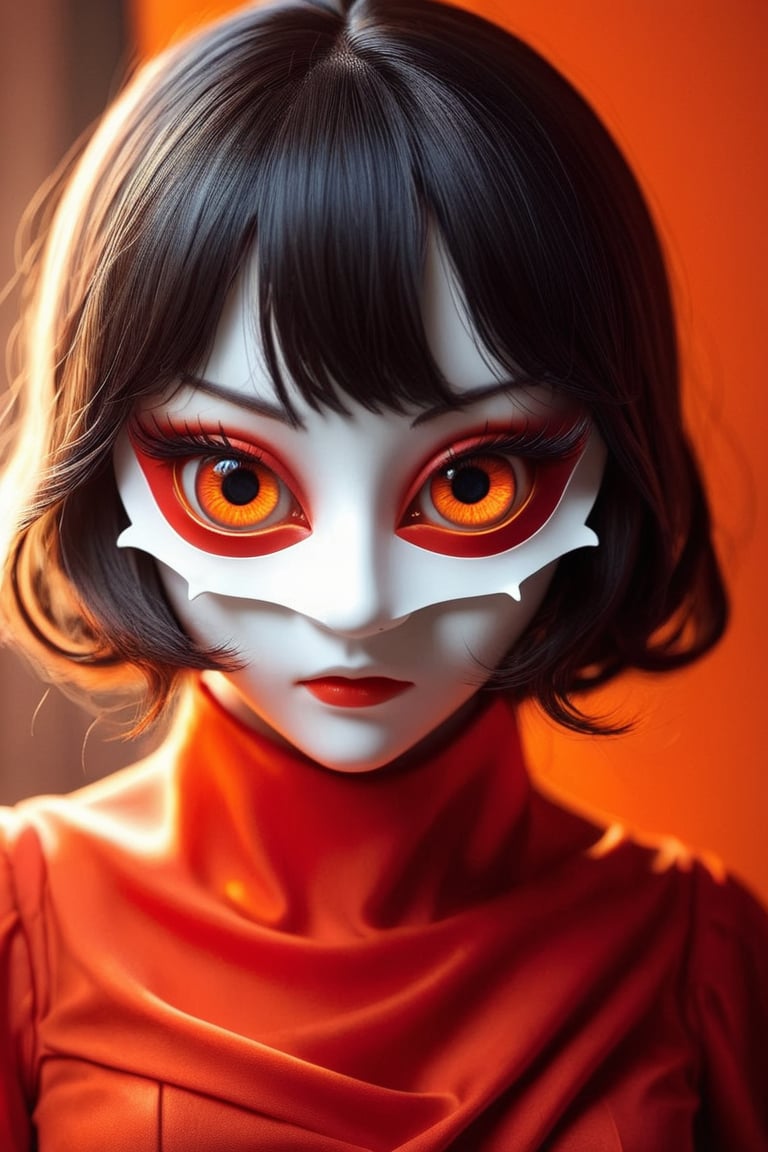 girl,red drees,orange eyes, mask