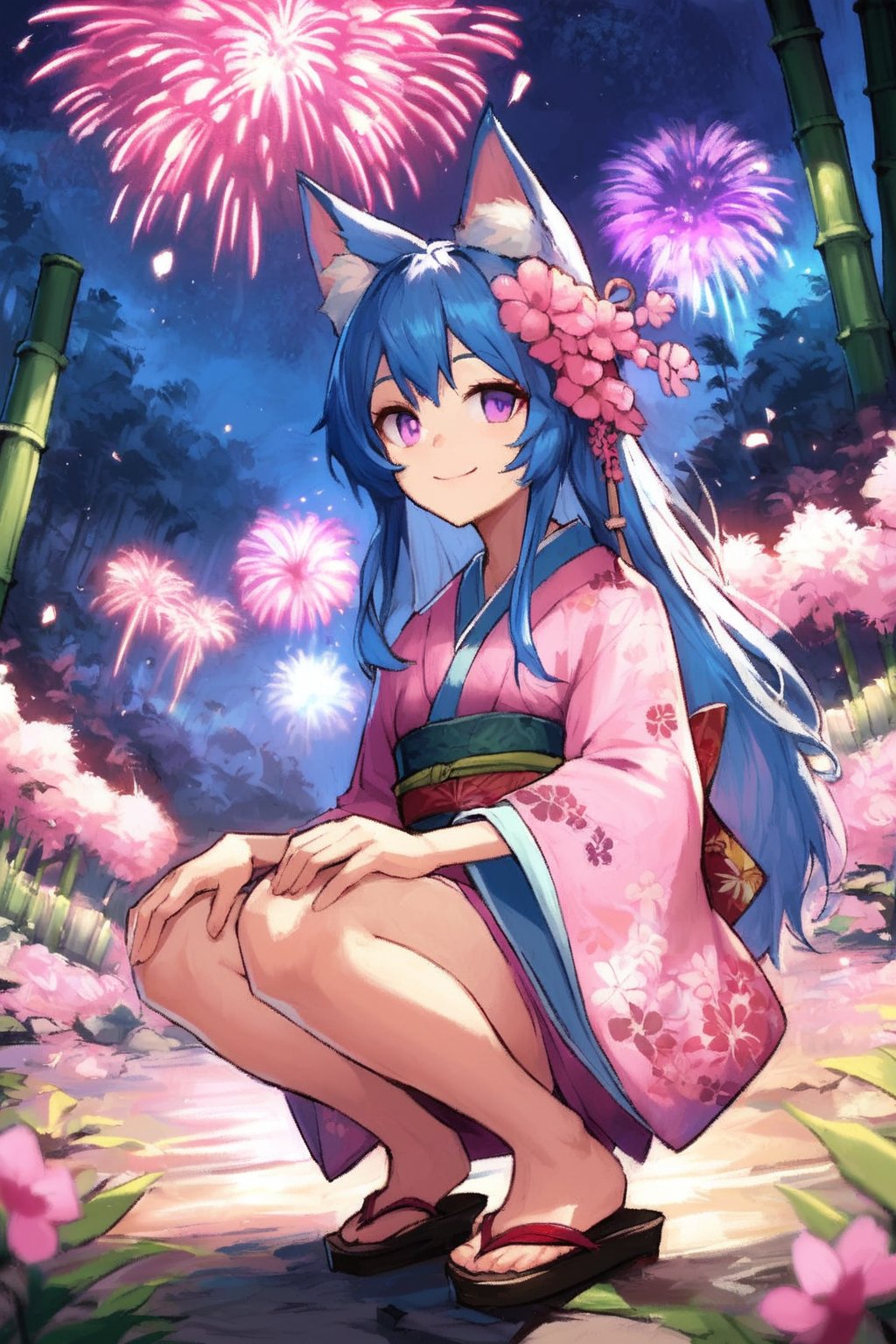 score_9,score_8_up,score_7_up,ClrSkt, 1girl, animal ear fluff, animal ears, bamboo, bamboo forest, black footwear, blue hair, closed mouth, fireworks, floral print, flower, forest, hand on own knee, holding, holding fireworks, japanese clothes, kimono, long hair, long sleeves, nature, night, outdoors, pink flower, pink kimono, print kimono, purple eyes, sandals, smile, solo, sparkler, squatting, wide sleeves