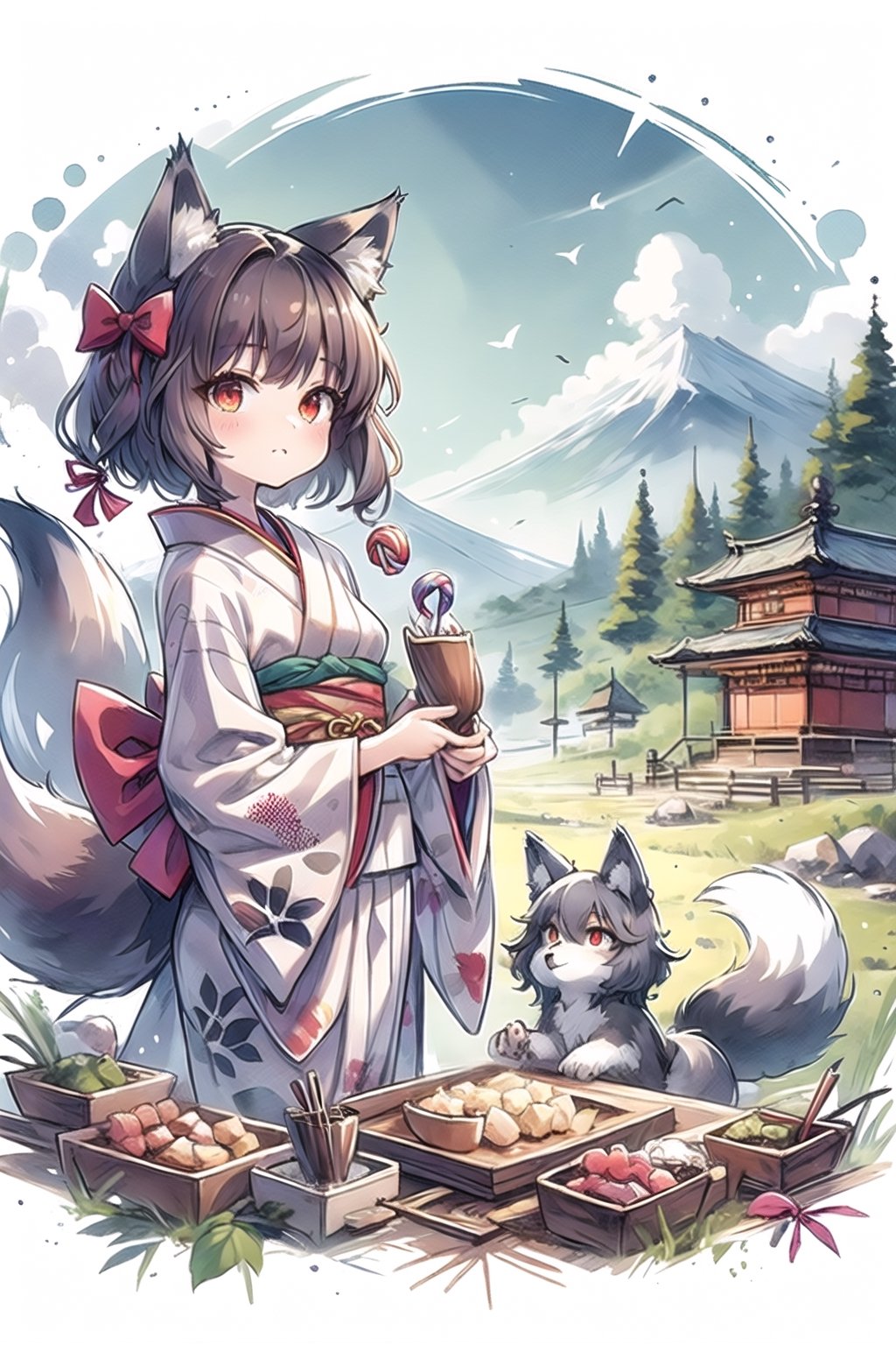 animal ear fluff, animal ears, black kimono, bow, braid, brown hair, candy, cat ears, food, fox ears, fox girl, fox tail, grey hair, hair bow, hat, highres, holding, japanese clothes, kimono, multiple girls, multiple tails, red eyes, school hat, short hair, tail, wolf ears, wolf girl
,CrclWc,simple background,outdoors,sky,WtrClr