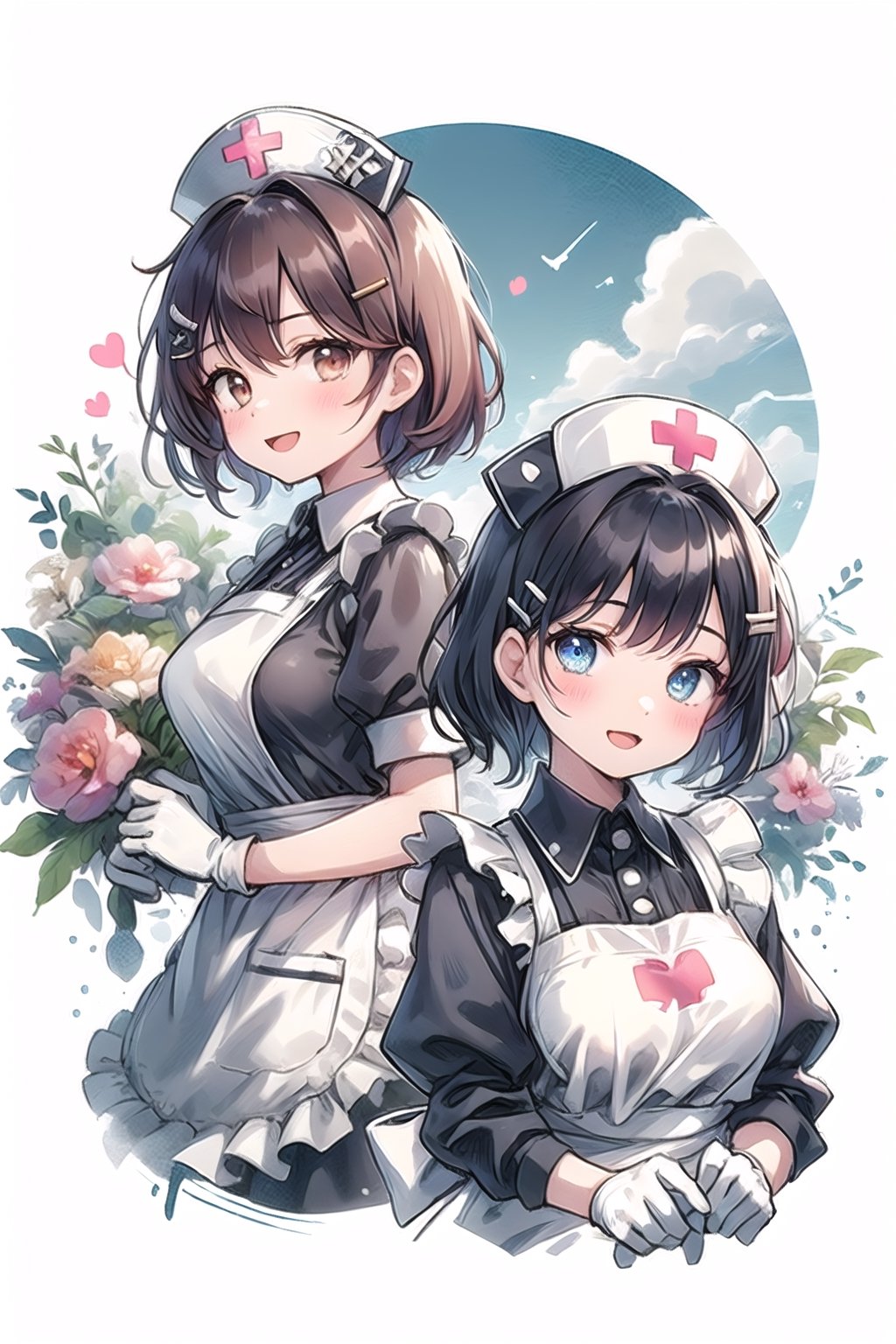 2girls, absurdres, apron, black apron, black gloves, black headwear, blue eyes, blush, brown eyes, brown hair, closed mouth, frilled apron, frills, gloves, hair ornament, hairclip, hat, heart, highres, looking at viewer, multiple girls, nurse cap, open mouth, short hair, simple background, smile, upper body, white apron, white background, white gloves, white headwear
,CrclWc,simple background,outdoors,sky,WtrClr,ClrSkt