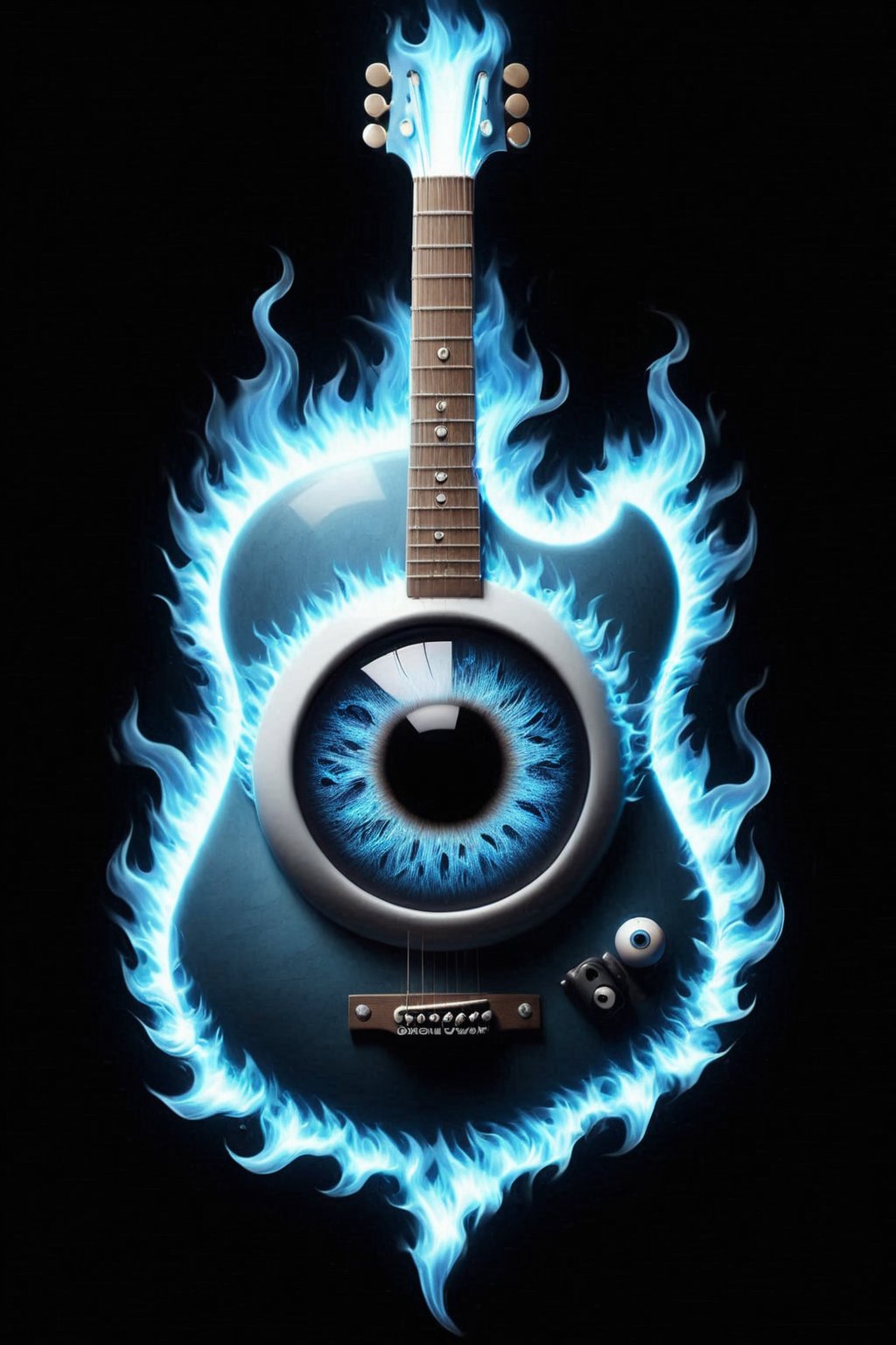 a guitar with a eye,blue fire,BlFire