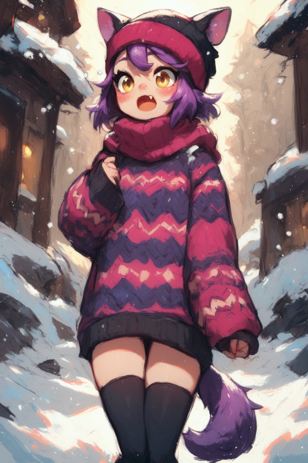 score_9,score_8_up,score_7_up,ClrSkt, 1girl, :o, animal ears, beanie, black thighhighs, blush, fang, hat, open mouth, purple hair, solo, sweater, tail, thighhighs, yellow eyes, snow, outdoors