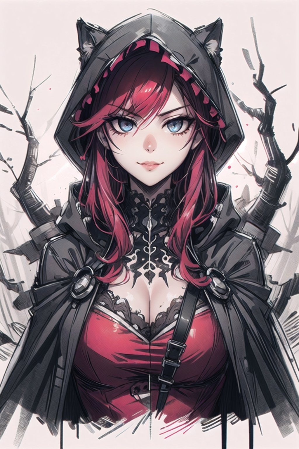 sketch, red hood, seductive gaze, mysterious atmosphere, dark forest, moonlit night, flowing cloak, enigmatic smile, suggestive pose, subtle lighting, hints of danger, alluring presence, hidden secrets, captivating eyes,ClrSkt,monochome