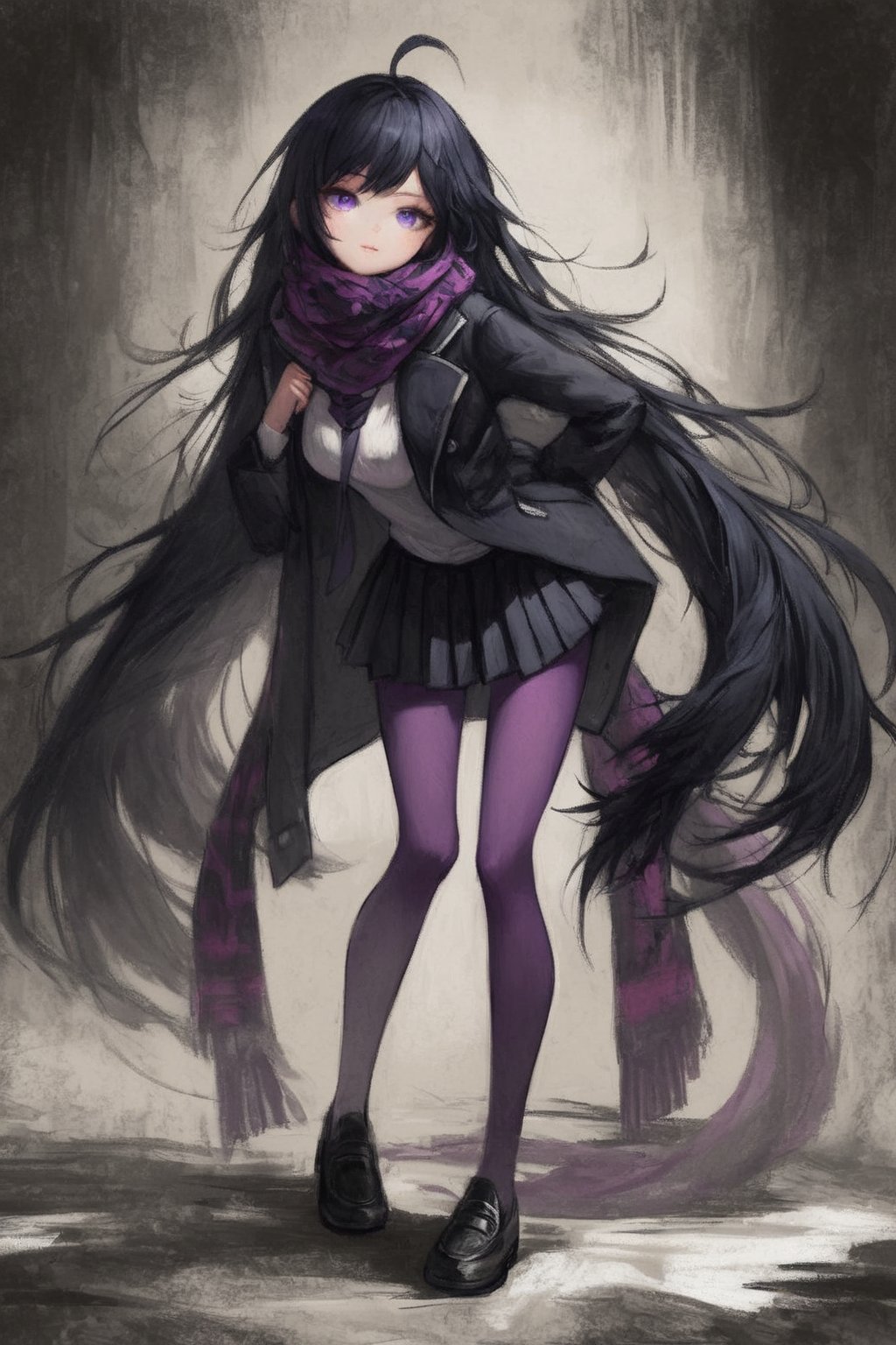 score_9,score_8_up,score_7_up,ClrSkt, 1girl, absurdly long hair, ahoge, black hair, black jacket, black scarf, black skirt, jacket, leaning forward, long hair, long scarf, looking at viewer, open clothes, open jacket, pantyhose, pleated skirt, purple eyes, purple pantyhose, scarf, school uniform, skirt, solo, very long hair, vest