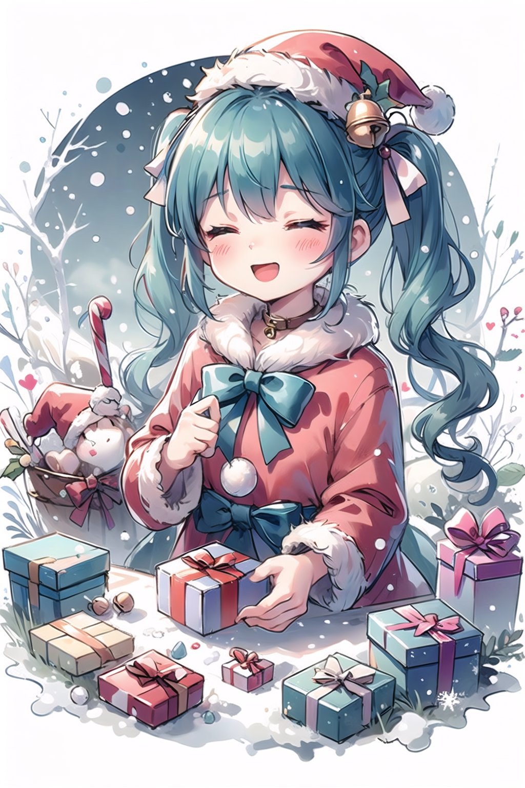 1girl, bell, blue hair, blush, bow, bowtie, box, candy, christmas, closed eyes, dress, food, fur collar, fur trim, gift, gift box, hair bow, hat, heart, holding, long hair, long sleeves, open mouth, santa costume, santa hat, smile, snowing, solo, twintails
,background,scenery
,CrclWc,CuteSt1,WtrClr