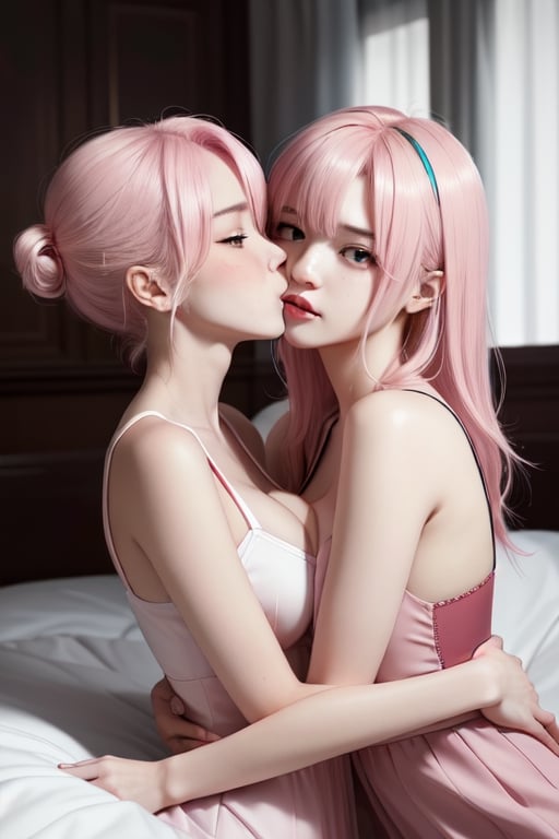 2_girls_hugging, lesbian, yuri, girls_love, pink_hair, blond_hair, yandere_look, kissing, bed, cleavage cutout