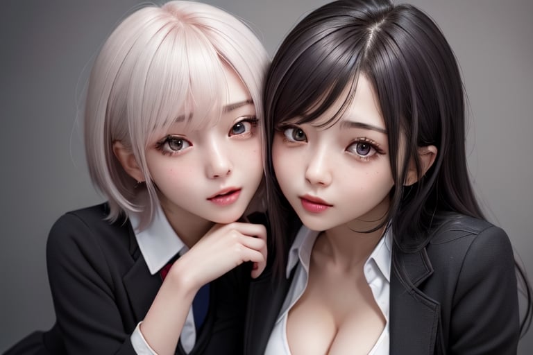 any-hair-color, 2_girls. school_uniform, lesbian, girl's_love, cleavage cutout, age_difference, ahegao_face