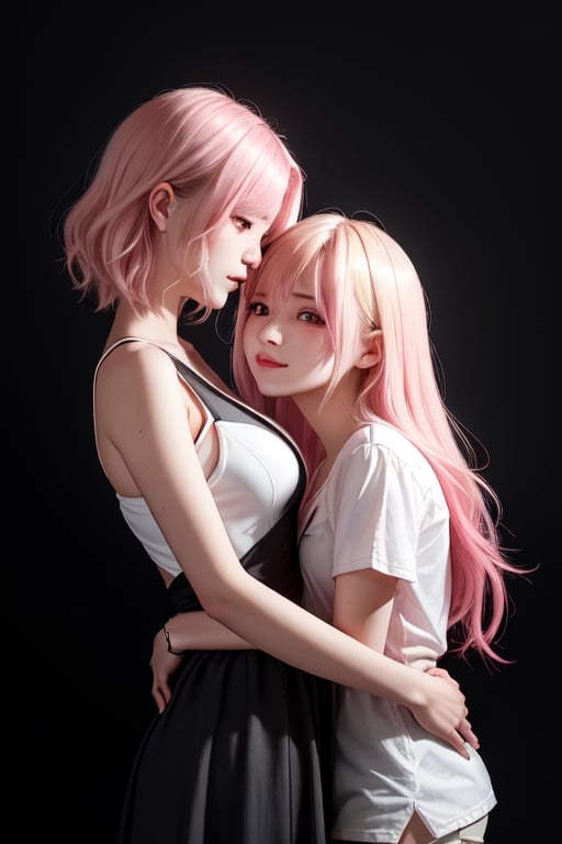 2_girls_hugging, lesbian, yuri, girls_love, pink_hair, blond_hair, yandere_look