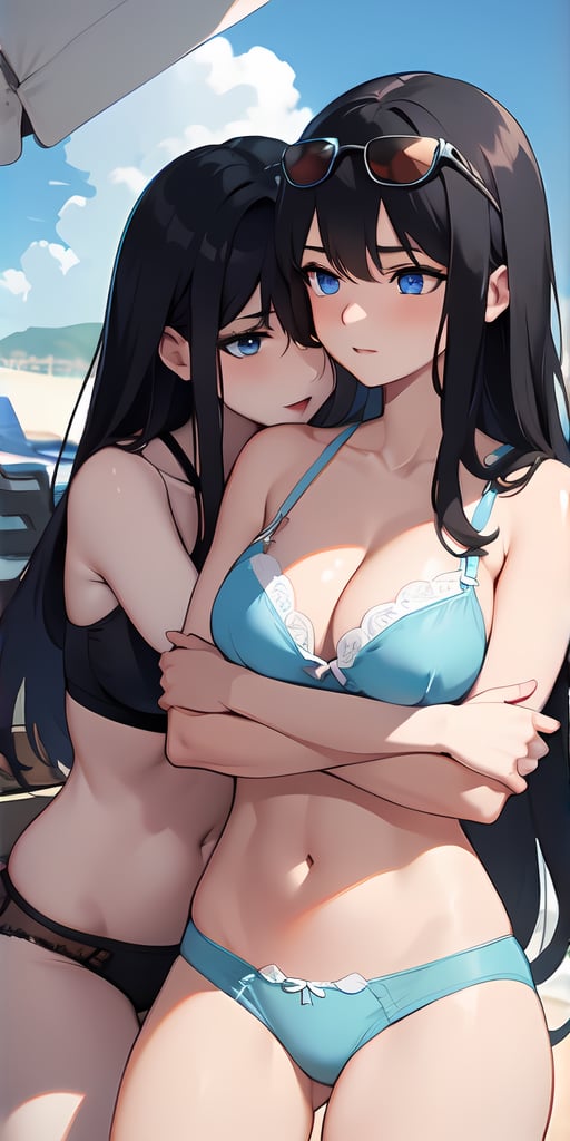 Black_hair, cleavage, blue_eyes, crossed_arms, mating_press, lesbian, girl's_love, yuri, long_hair, beach, sunglasses, undergarments