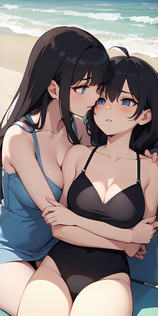 Black_hair, cleavage, blue_eyes, crossed_arms, mating_press, lesbian, girl's_love, yuri, long_hair, beach