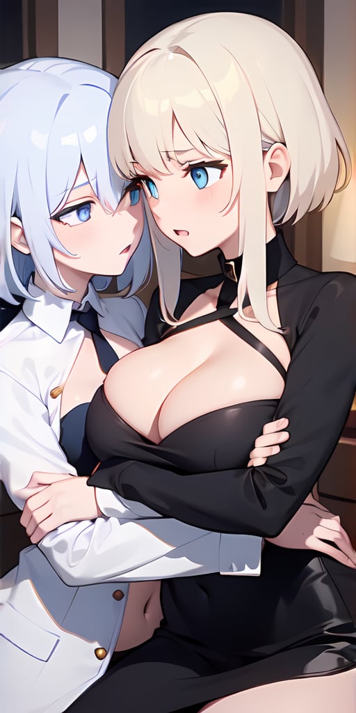 White_hair, cleavage, blue_eyes, crossed_arms, mating_press, lesbian, girl's_love, yuri