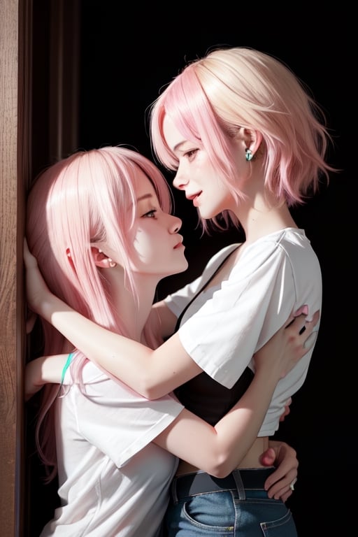 2_girls_hugging, lesbian, yuri, girls_love, pink_hair, blond_hair