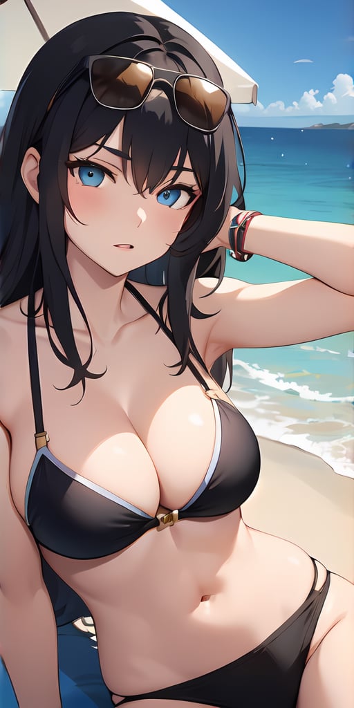 Black_hair, cleavage, blue_eyes, crossed_arms, mating_press, lesbian, girl's_love, yuri, long_hair, beach, sunglasses, bikini