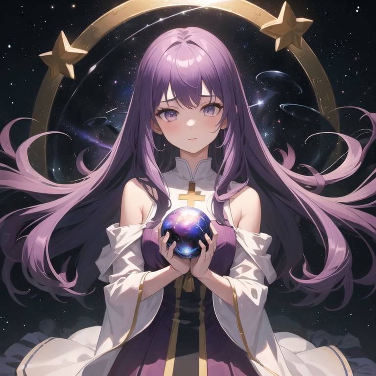 1girl,( a holding universe in our hands:1.3) , priest, (purple hair:1.3) , clouds in her hair, purple stars, shinning effect,