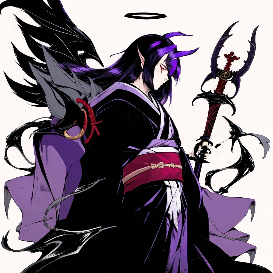 1boy, solo, long hair, horns,simple background, red eyes, white background, holding, (purple kimono with black myth symbols:1.3),weapon, sword, holding weapon, purple hair, halo, holding sword, black nails