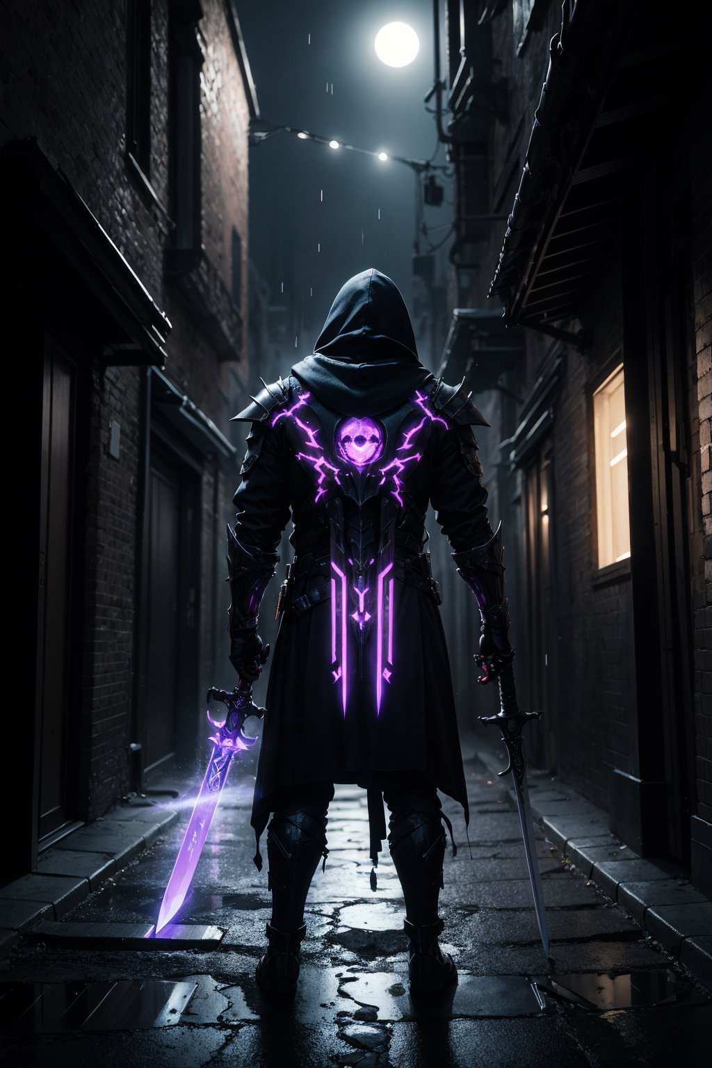 (masterpiece:1.4), full body,neon purple sword on his back, Assassin man draped in a hooded cloak, wearing sleek and dark armor, a full-face iron mask concealing his features, (mysterious atmosphere:1.3), standing in a moonlit alleyway, a purple neon blade emitting an eerie glow strapped to his back, (dynamic lighting:1.2), raindrops adding an element of drama, inspired by cinematic styles of Ridley Scott and H.R. Giger, (high detail:1.1), (HDR lighting:1.1), 8K resolution.