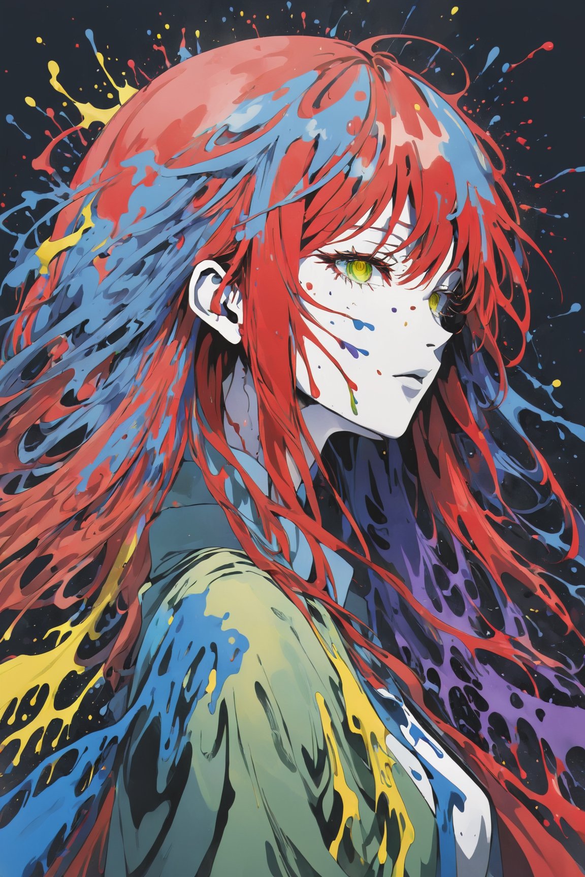 (profile picture),official art, unity 8k wallpaper, ultra detailed, beautiful and aesthetic, beautiful, masterpiece, best quality, cover art, chaos, , 1girl, japanese girl, longhair, black hair, bangs, hair on forehead, high quality, the most beautiful_divine form of chaos,chaotic energy, elegant, a brutalist designed,(red ink, blue ink, yellow ink, purpleink, green ink), ((front view)), face dripping, clothes dripping, ink dripping, (addnet weight 1:1.0), (double exposure), ink scenery,line painting,Paint_Style,col,watercolor,potcoll,(colorful),(paint splash background:1.5),(silhouette:1.2),(multi-colors:1.4),perfecteyes,dripping paint,makima