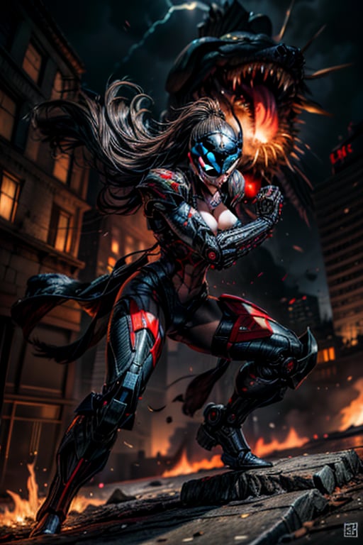 Realistic, (masterpiece1.2), (Ultra HDR quality),
Urban mayhem unfolds as Venom from opposing Carnage collide in a cityscape ablaze. The artwork portrays the battle with a "dynamic" style, emphasizing the kinetic energy of the venom movements. The mood is a mix of danger and determination, reflecting the gravity of the situation. Illuminated by the glow of explosions, the lighting style casts an intense, fiery ambiance. This illustration is drawn in the style of Yoshiyuki Sadamoto.

high detailed Black full body armor and White parts detail, detail hitech armour, deadly look, cybernetic,perfect solid eyes, Mecha, proporsional body,perfecteyes