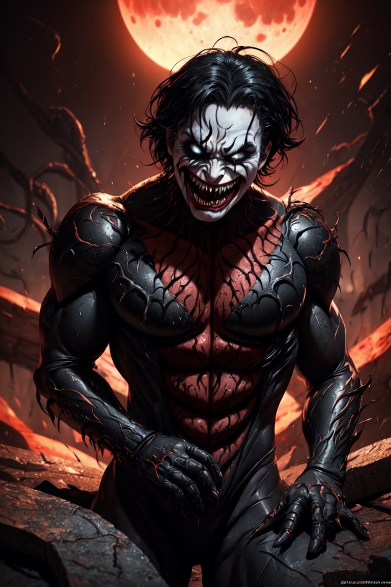 Joker, possessed by Venom, venomize, wearing a malevolent grin, standing atop a crumbling rooftop against a blood-red moonlit sky, casting eerie and elongated shadows, while adopting a chilling and maniacal posture, upper body, close up, scream hard, half body venomize, joker face, sharp teeth of venom, symbiotes, venom suit, symbiote suits, fantastic epic ambience, hyperdetailed, masterpiece1.2, ultra hd quality, cinematic, hyper realistic, mapping shadow, energetics lightings, 3d render,vibrant, hyperdetailed, microdetailed, masterpiece art, ultra hd quality, 4k, vibrant, conceptual art, illustration, Leonardo style,perfecteyes,SMMars