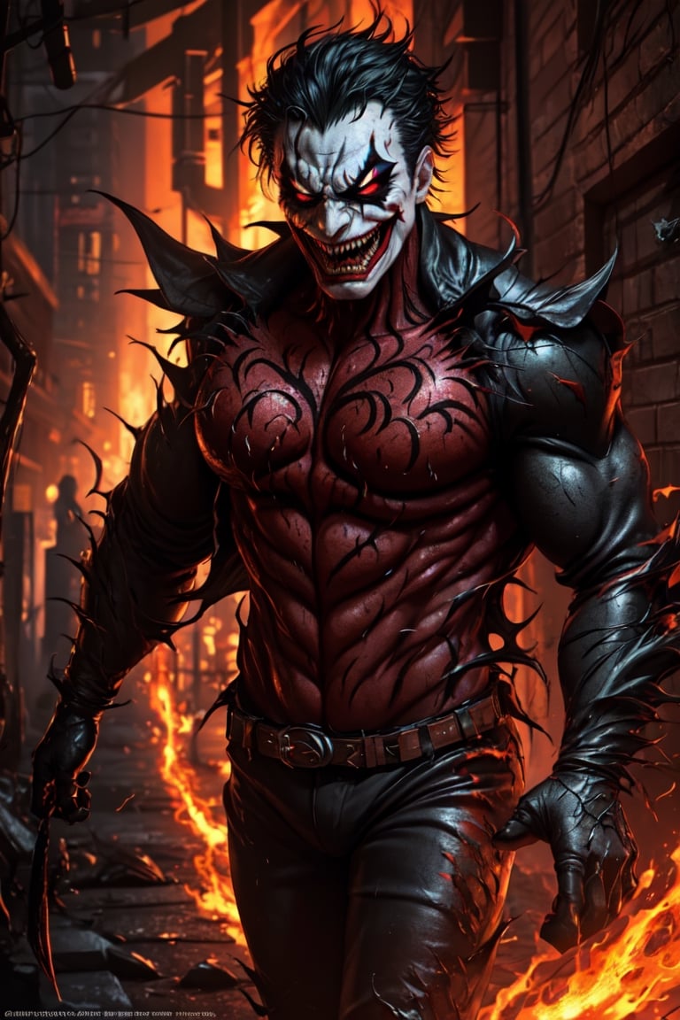 An enraged Joker, consumed by Venom, in a chaotic Gotham City alleyway, with sinister and fiery red lighting, striking an aggressive and menacing pose, scream hard, half body venomize, joker face, sharp teeth of venom, symbiotes, venom suit, symbiote suits, fantastic epic ambience, hyperdetailed, masterpiece1.2, ultra hd quality, cinematic, hyper realistic, mapping shadow, energetics lightings, 3d render,vibrant, hyperdetailed, microdetailed, masterpiece art, ultra hd quality, 4k, vibrant, conceptual art, illustration, Leonardo style,perfecteyes,SMMars