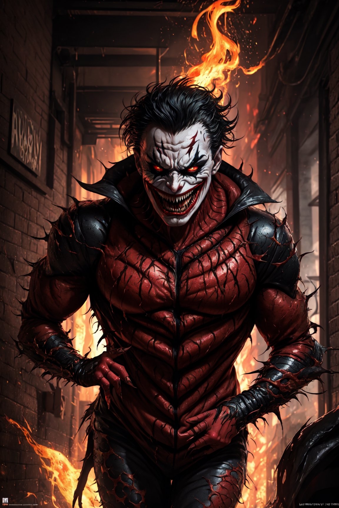 An enraged Joker, consumed by Venom, in a chaotic Gotham City alleyway, with sinister and fiery red lighting, striking an aggressive and menacing pose, , upper body, close up, scream hard, half body venomize, joker face, sharp teeth of venom, symbiotes, venom suit, symbiote suits, fantastic epic ambience, hyperdetailed, masterpiece1.2, ultra hd quality, cinematic, hyper realistic, mapping shadow, energetics lightings, 3d render,vibrant, hyperdetailed, microdetailed, masterpiece art, ultra hd quality, 4k, vibrant, conceptual art, illustration, Leonardo style,perfecteyes,SMMars