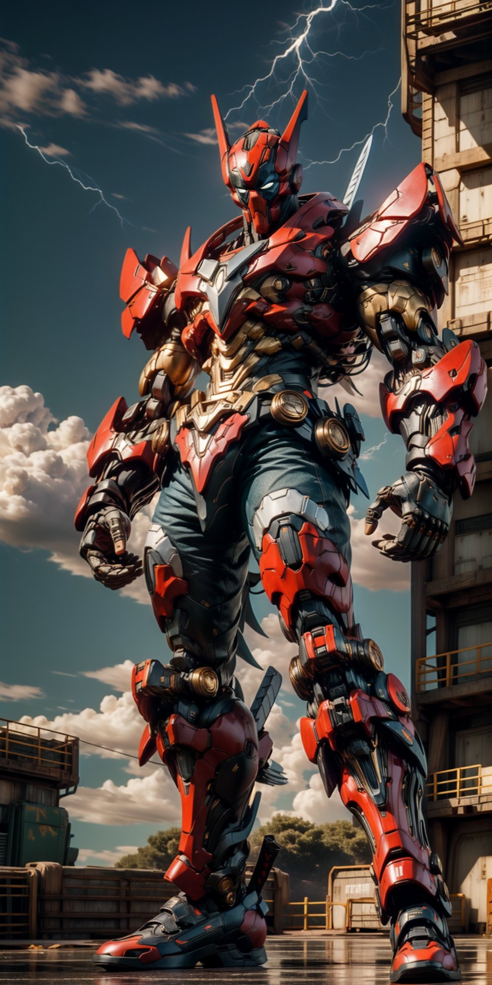 In a "meta-modified" pose, Deadpool flaunts with a wink and a thumbs-up, his persona now a unique fusion of human and machine. The artwork showcases his distinctive costume and the hybrid aesthetic that defines his character. The mood is both quirky and confident, reflecting Deadpool's trademark blend of eccentricity and self-assuredness., epic sky background with green storm, ambience of sunset, dual blade, action pose

Realistic, (masterpiece1.2), (Ultra HDR quality), detailed face, high detailed body, hitech armour, hitech weapon, deadly look, cybernetic, heavy hitech gun, glowing lightning, fantastic sky when sunset, mech, biomechanical, perfecteyes, Mecha, gold armor,SRS,RRS,MRS,FRS,RARS