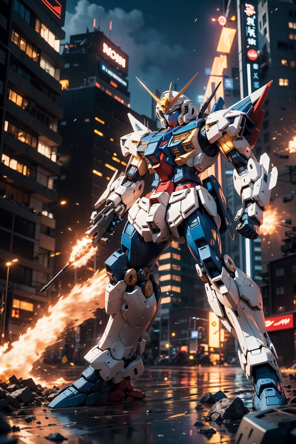 Realistic, (masterpiece1.2), (Ultra HDR quality),
Urban mayhem unfolds as Gundam Mobile Suits from opposing factions collide in a cityscape ablaze. The artwork portrays the battle with a "dynamic" style, emphasizing the kinetic energy of the gundams' movements. The mood is a mix of danger and determination, reflecting the gravity of the situation. Illuminated by the glow of explosions, the lighting style casts an intense, fiery ambiance. This illustration is drawn in the style of Yoshiyuki Tomino. T-shirt design graphic, vector, contour, white background.

high detailed white full body armor and blue parts detail, detail hitech armour, deadly look, cybernetic,perfect solid eyes, Mecha, proporsional body, (gundam color: white, blue, yellow) gundam claw color: yellow