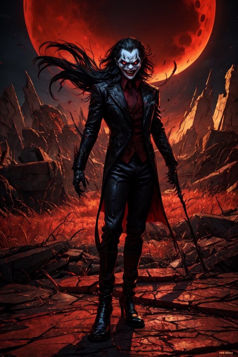 Joker, possessed by Venom, venomize, wearing a malevolent grin, standing atop a crumbling rooftop against a blood-red moonlit sky, casting eerie and elongated shadows, while adopting a chilling and maniacal posture, scream hard, half body venomize, joker face, sharp teeth of venom, symbiotes, fantastic epic ambience, hyperdetailed, masterpiece1.2, ultra hd quality, cinematic, hyper realistic, mapping shadow, energetics lightings, 3d render,vibrant, hyperdetailed, microdetailed, masterpiece art, ultra hd quality, 4k, vibrant, conceptual art, illustration, unzoomed,Leonardo style,perfecteyes