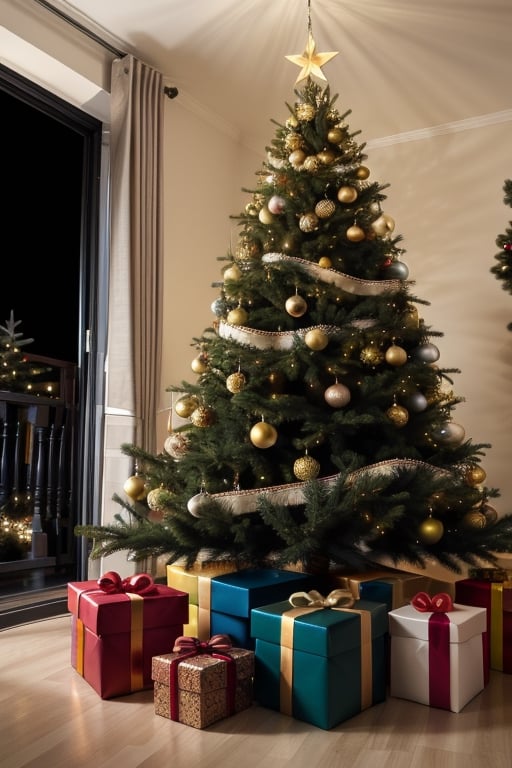 materpiece, best quality, black background with lights, chritmas tree in the center, presents under the tree