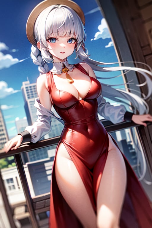 sensual, sexy, white_hair, background city, looking_at_viewer, red_dress, blue_eyes, normal_breast,  