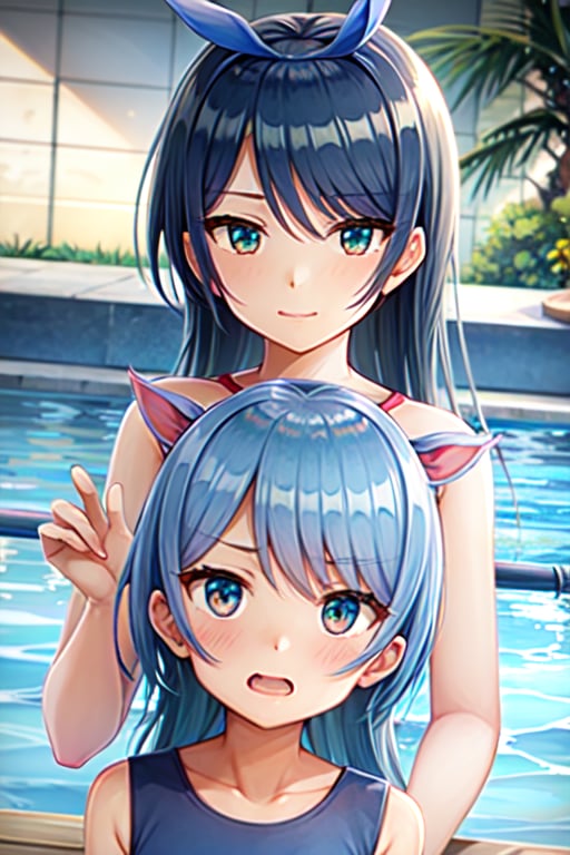 long hair, swimming pool background, chibi, tender, blue hair, red_eyes, swimsuit, looking-at-viewer, evening, eating icecream,