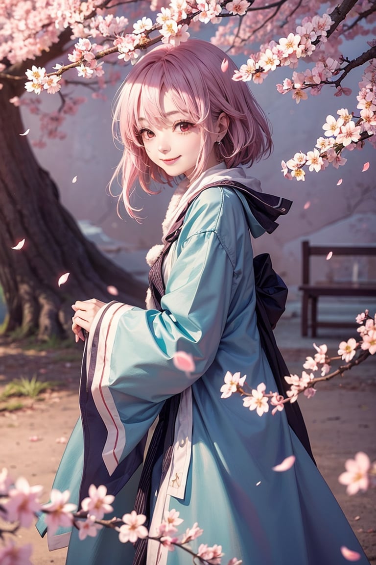 Yuyuko Saigyouji , smile, tree, cherry blossoms, morning vibe, 8K, (warm lighting), high quality