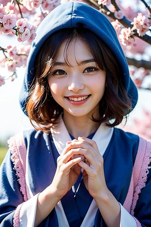 Yuyuko Saigyouji , smile, tree, cherry blossoms, morning vibe, 8K, (warm lighting), high quality , beautiful hands