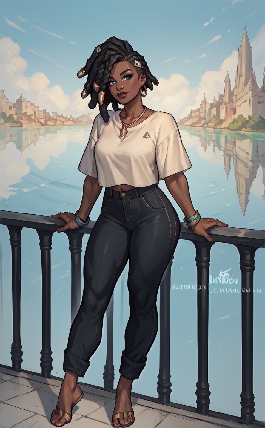  senna \(league of legends\), mature, mature face, dark-skinned female, dreadlocks, green eyes, casual clothes, city, full body, Aesthetic Art Style, iluminacion natural ,score_4_up,score_5_up,score_6_up,score_7_up,score_8_up,score_9


