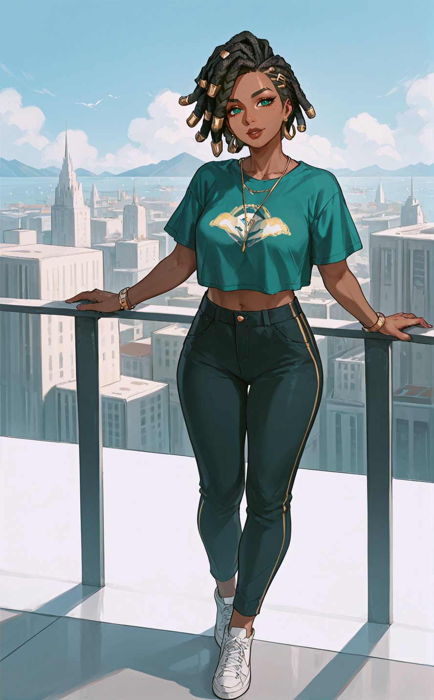  senna \(league of legends\), mature, mature face, dark-skinned female, dreadlocks, green eyes, casual clothes, city, full body, Aesthetic Art Style, iluminacion natural ,score_4_up,score_5_up,score_6_up,score_7_up,score_8_up,score_9


