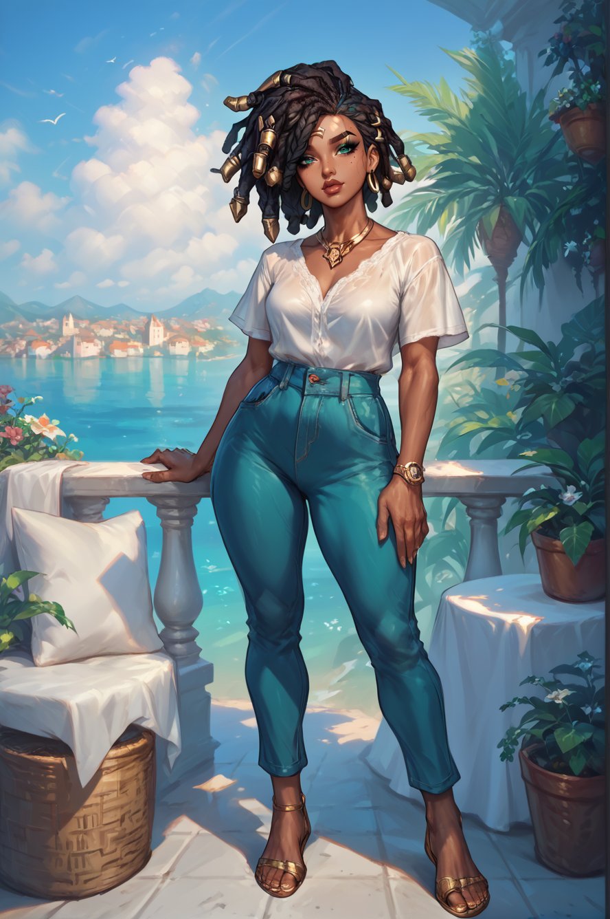  senna \(league of legends\), mature, mature face, dark-skinned female, dreadlocks, green eyes, casual clothes, city, full body, Aesthetic Art Style, iluminacion natural ,score_4_up,score_5_up,score_6_up,score_7_up,score_8_up,score_9


