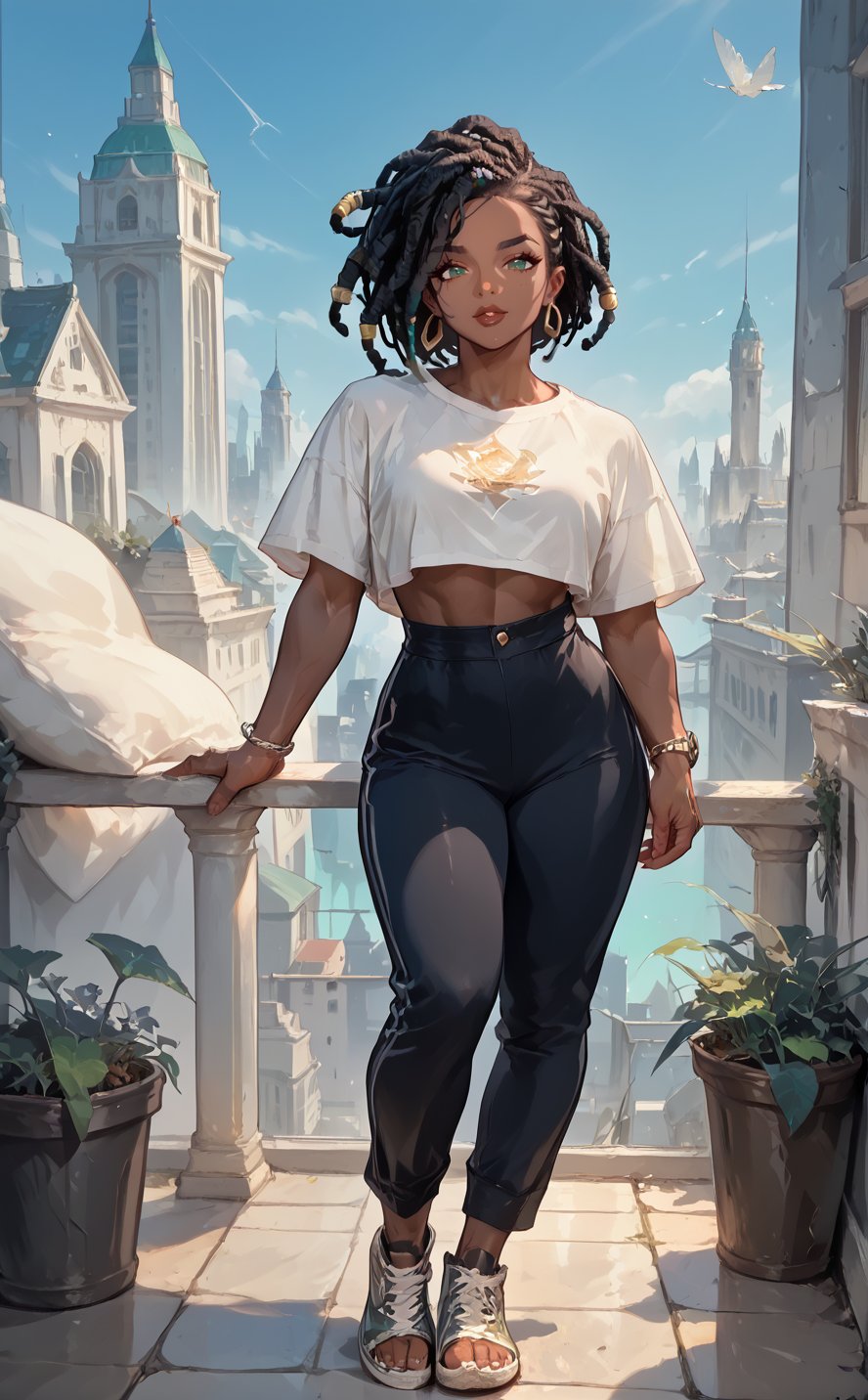  senna \(league of legends\), mature, mature face, dark-skinned female, dreadlocks, green eyes, casual clothes, city, full body, Aesthetic Art Style, iluminacion natural ,score_4_up,score_5_up,score_6_up,score_7_up,score_8_up,score_9


