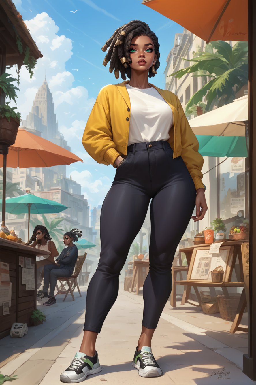  senna \(league of legends\), mature, mature face, dark-skinned female, dreadlocks, green eyes, casual clothes, city, full body, Aesthetic Art Style, iluminacion natural ,score_4_up,score_5_up,score_6_up,score_7_up,score_8_up,score_9


