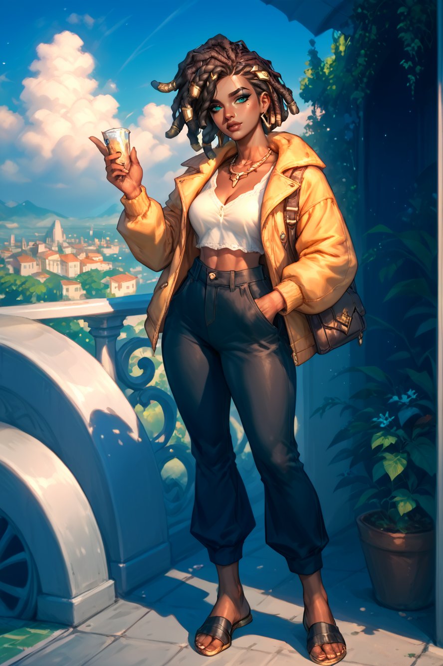  senna \(league of legends\), mature, mature face, dark-skinned female, dreadlocks, green eyes, casual clothes, city, full body, Aesthetic Art Style, iluminacion natural ,score_4_up,score_5_up,score_6_up,score_7_up,score_8_up,score_9


