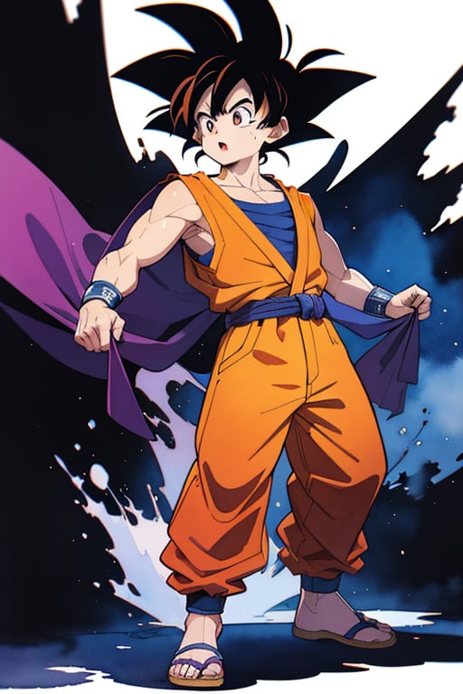 (masterpiece), (full body portrait), watercolor painting style, so ft anime style, small face, buff, realistic, hyper detailed face, Son Goku , hyper detailed Live 